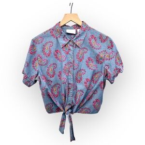 Vintage Liz Claiborne Blue Paisley Print Tie Front Button Up Shirt 90s